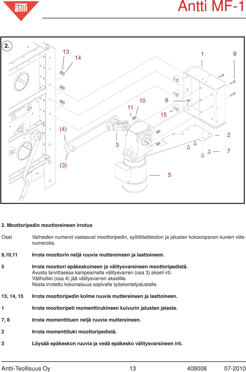 Avusta tarvittaessa kampeamalla välitysvarren (osa 3) akseli irti. Väliholkki (osa 4) jää välitysvarren akselille. Nosta irrotettu kokonaisuus sopivalle työskentelyalustalle.