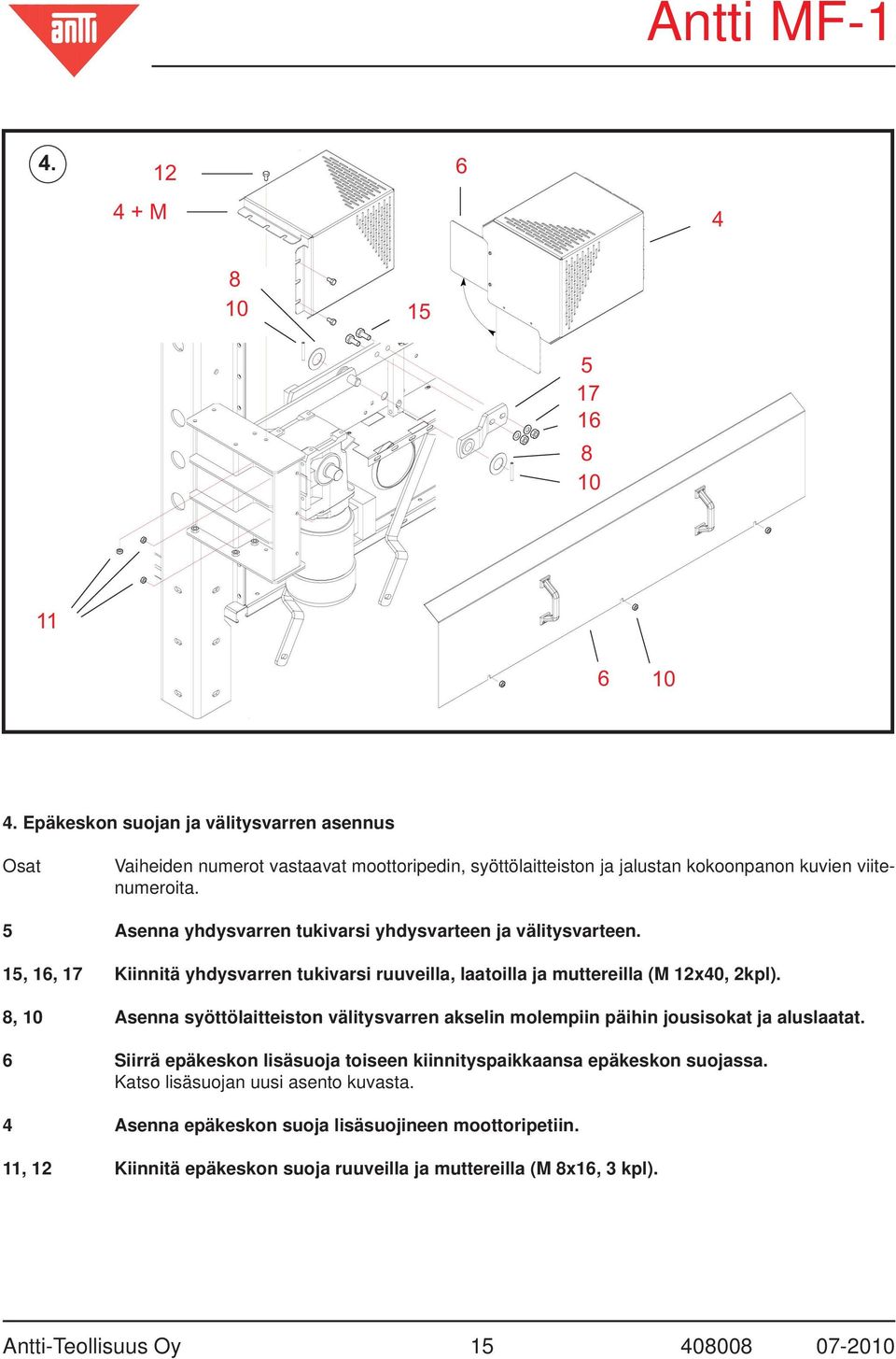 5 Asenna yhdysvarren tukivarsi yhdysvarteen ja välitysvarteen. 15, 16, 17 Kiinnitä yhdysvarren tukivarsi ruuveilla, laatoilla ja muttereilla (M 12x40, 2kpl).