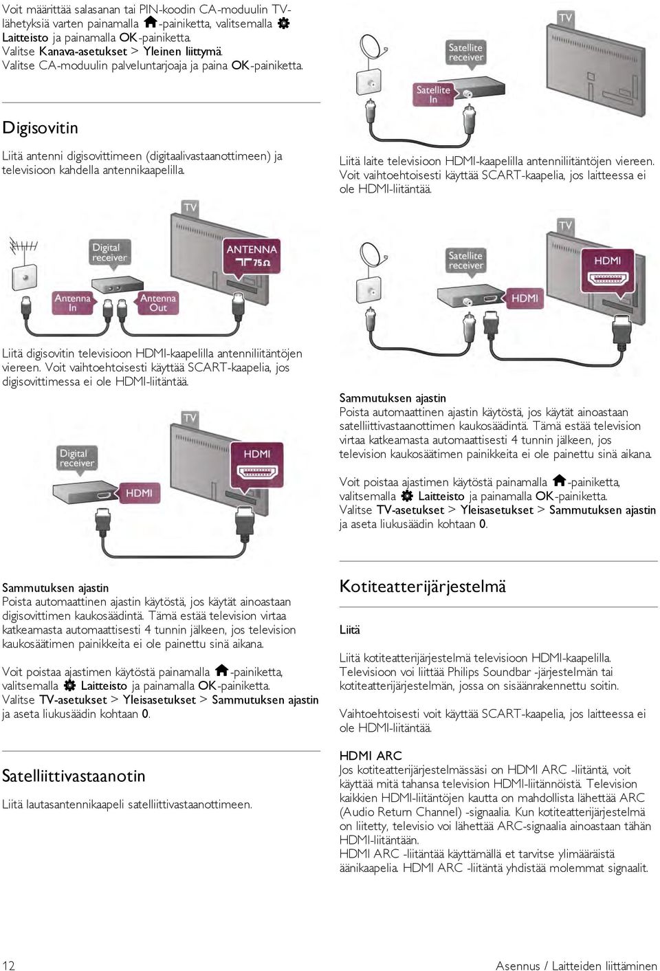 Liitä laite televisioon HDMI-kaapelilla antenniliitäntöjen viereen. Voit vaihtoehtoisesti käyttää SCART-kaapelia, jos laitteessa ei ole HDMI-liitäntää.