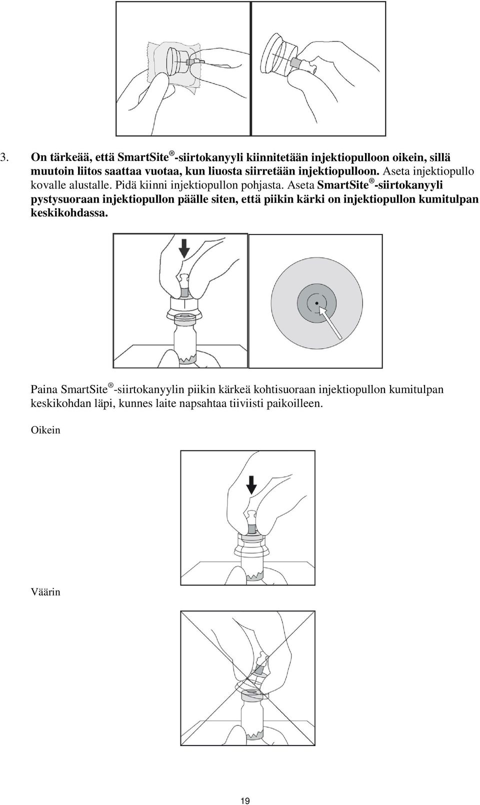 Aseta SmartSite -siirtokanyyli pystysuoraan injektiopullon päälle siten, että piikin kärki on injektiopullon kumitulpan keskikohdassa.