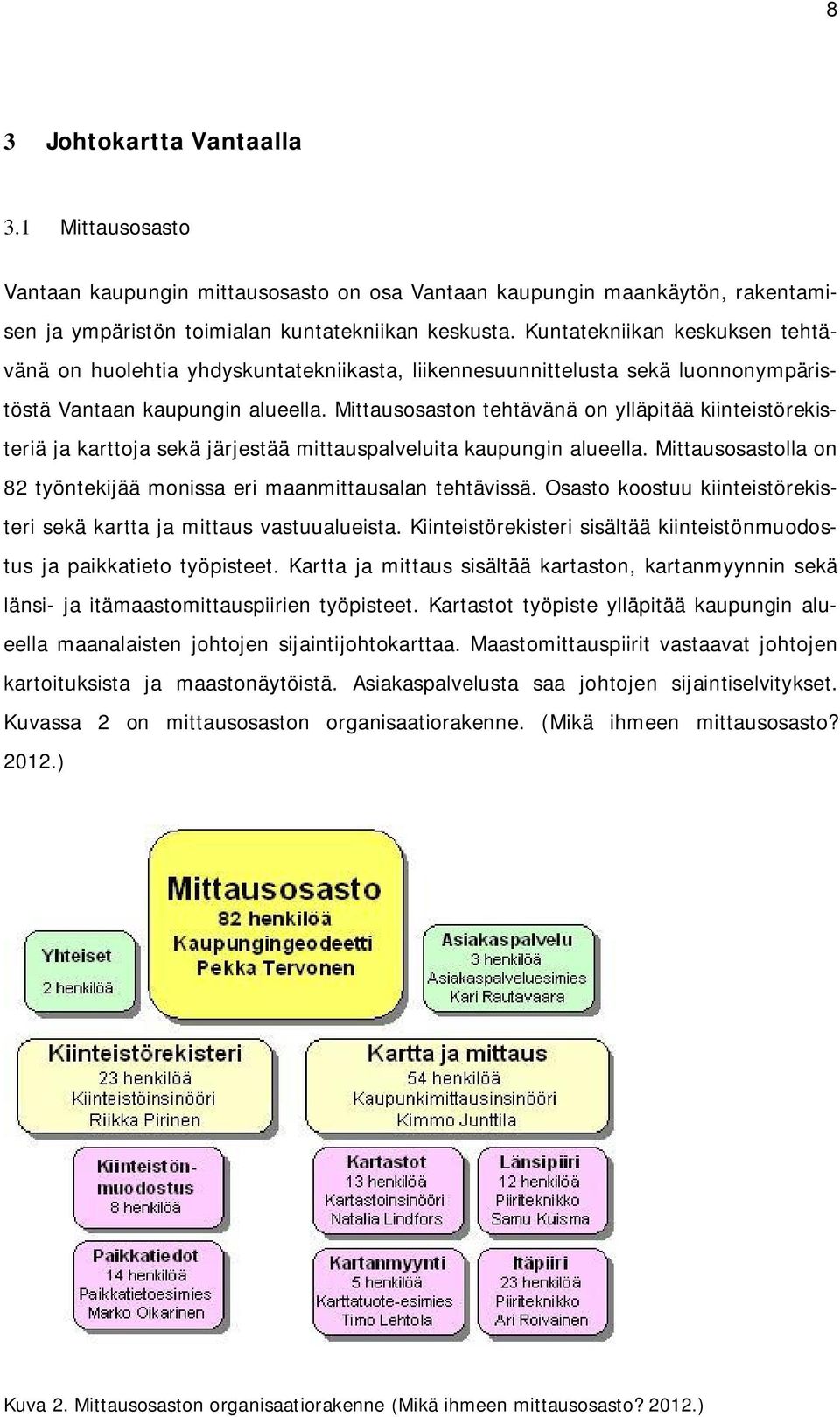 Mittausosaston tehtävänä on ylläpitää kiinteistörekisteriä ja karttoja sekä järjestää mittauspalveluita kaupungin alueella. Mittausosastolla on 82 työntekijää monissa eri maanmittausalan tehtävissä.