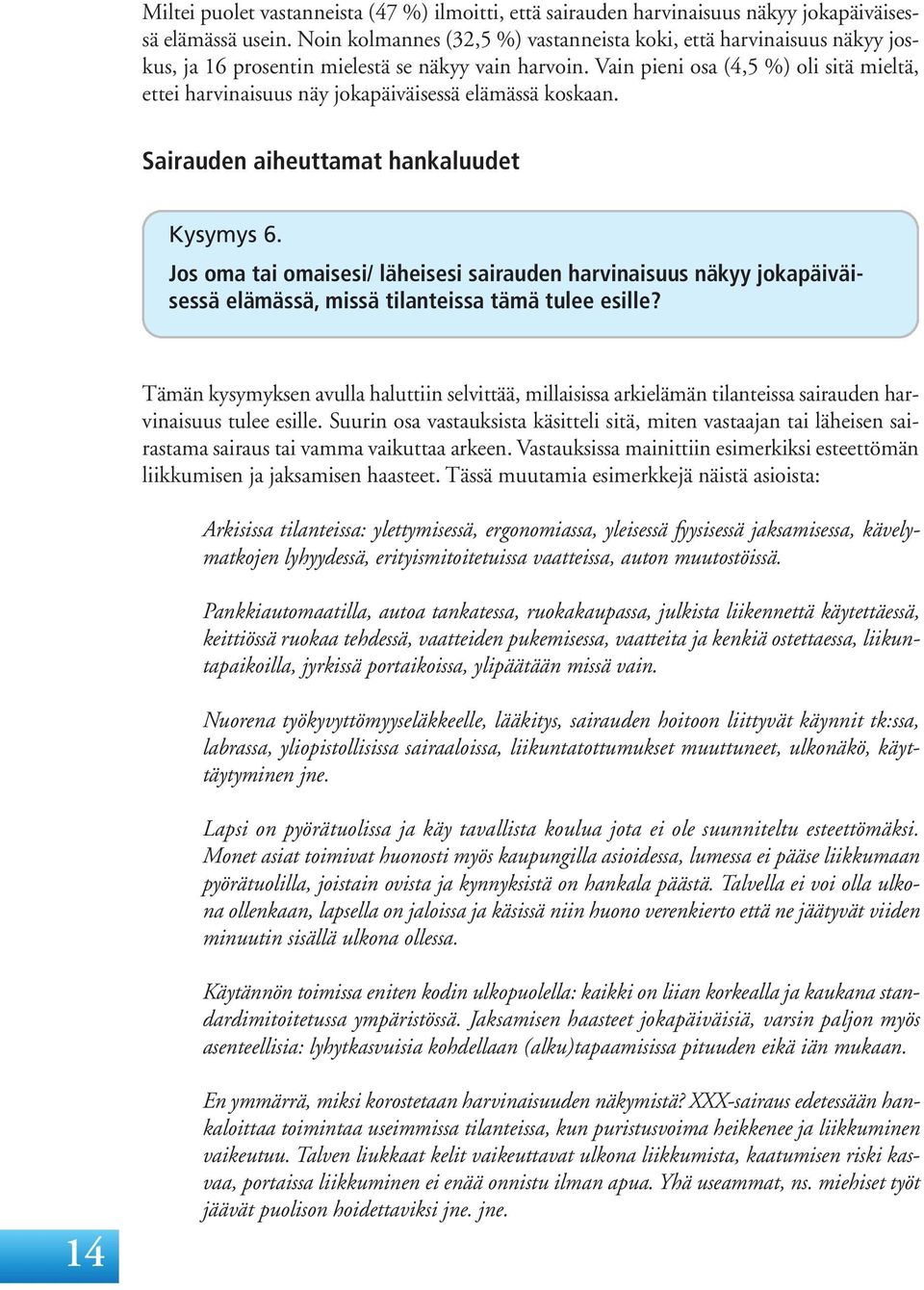 Vain pieni osa (4,5 %) oli sitä mieltä, ettei harvinaisuus näy jokapäiväisessä elämässä koskaan. Sairauden aiheuttamat hankaluudet Kysymys 6.