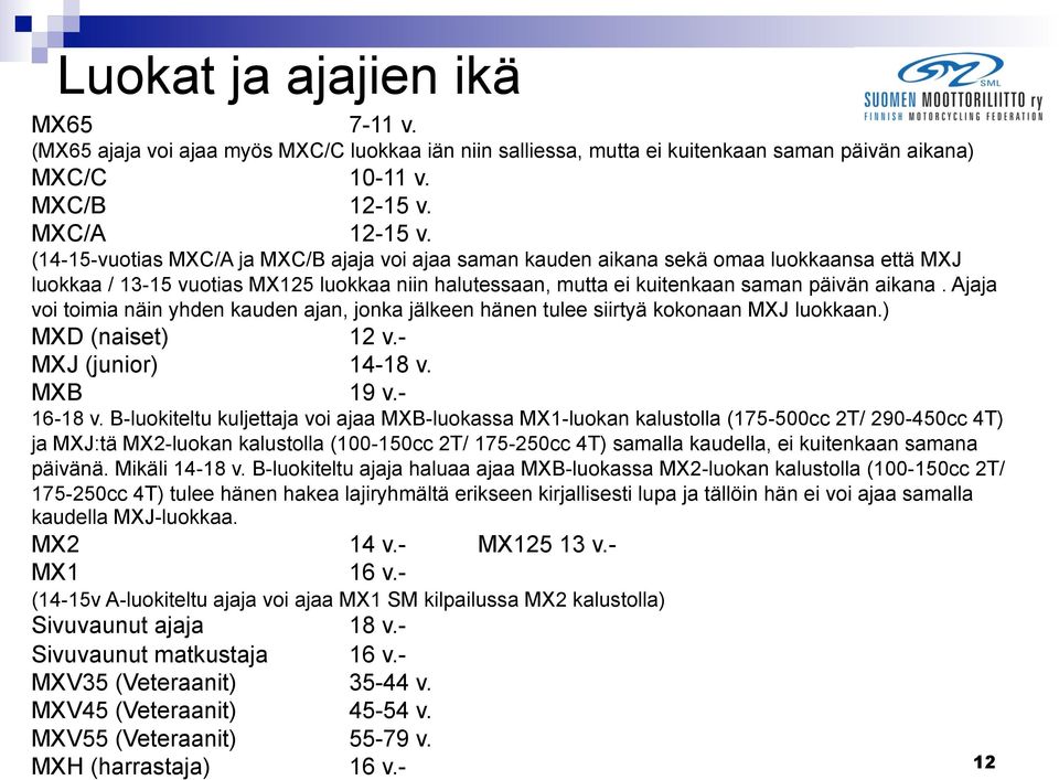 Ajaja voi toimia näin yhden kauden ajan, jonka jälkeen hänen tulee siirtyä kokonaan MXJ luokkaan.) MXD (naiset) 12 v.- MXJ (junior) 14-18 v. MXB 19 v.- 16-18 v.