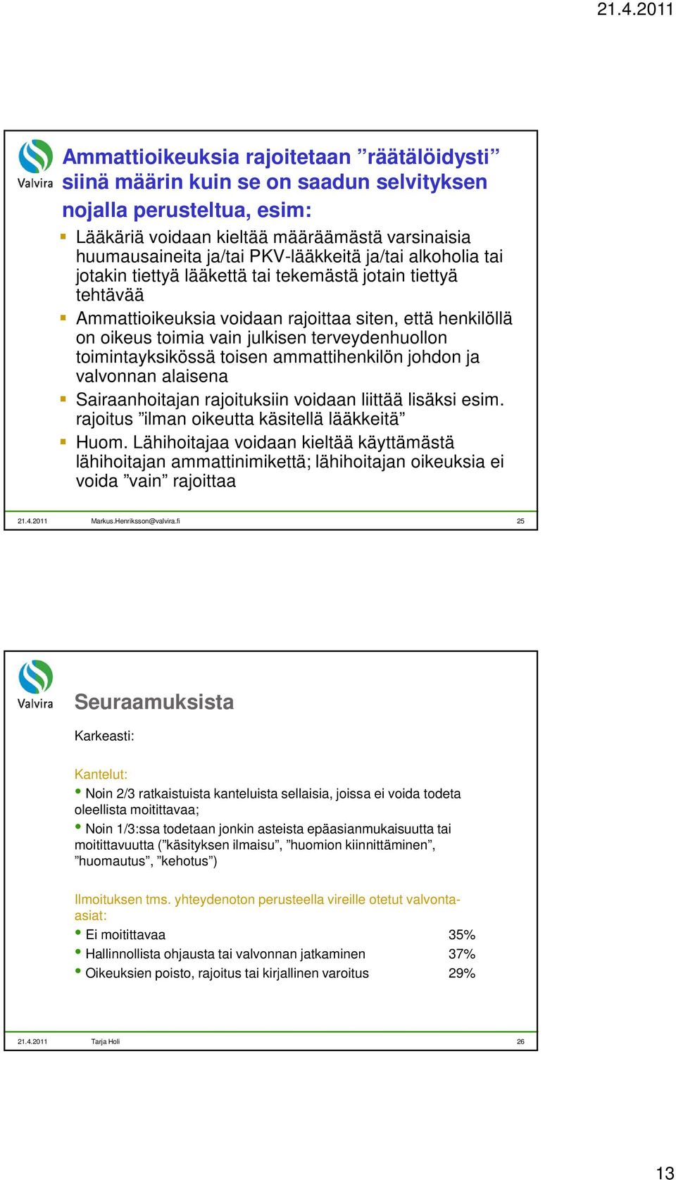 toimintayksikössä toisen ammattihenkilön johdon ja valvonnan alaisena Sairaanhoitajan rajoituksiin voidaan liittää lisäksi esim. rajoitus ilman oikeutta käsitellä lääkkeitä Huom.