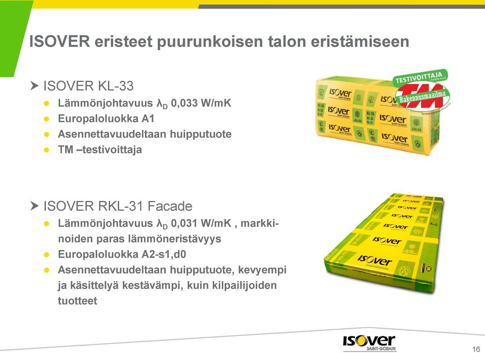 Lämmönjohtavuus λ D 0,031 W/mK, markkinoiden paras lämmöneristävyys Europaloluokka A2-s1,d0