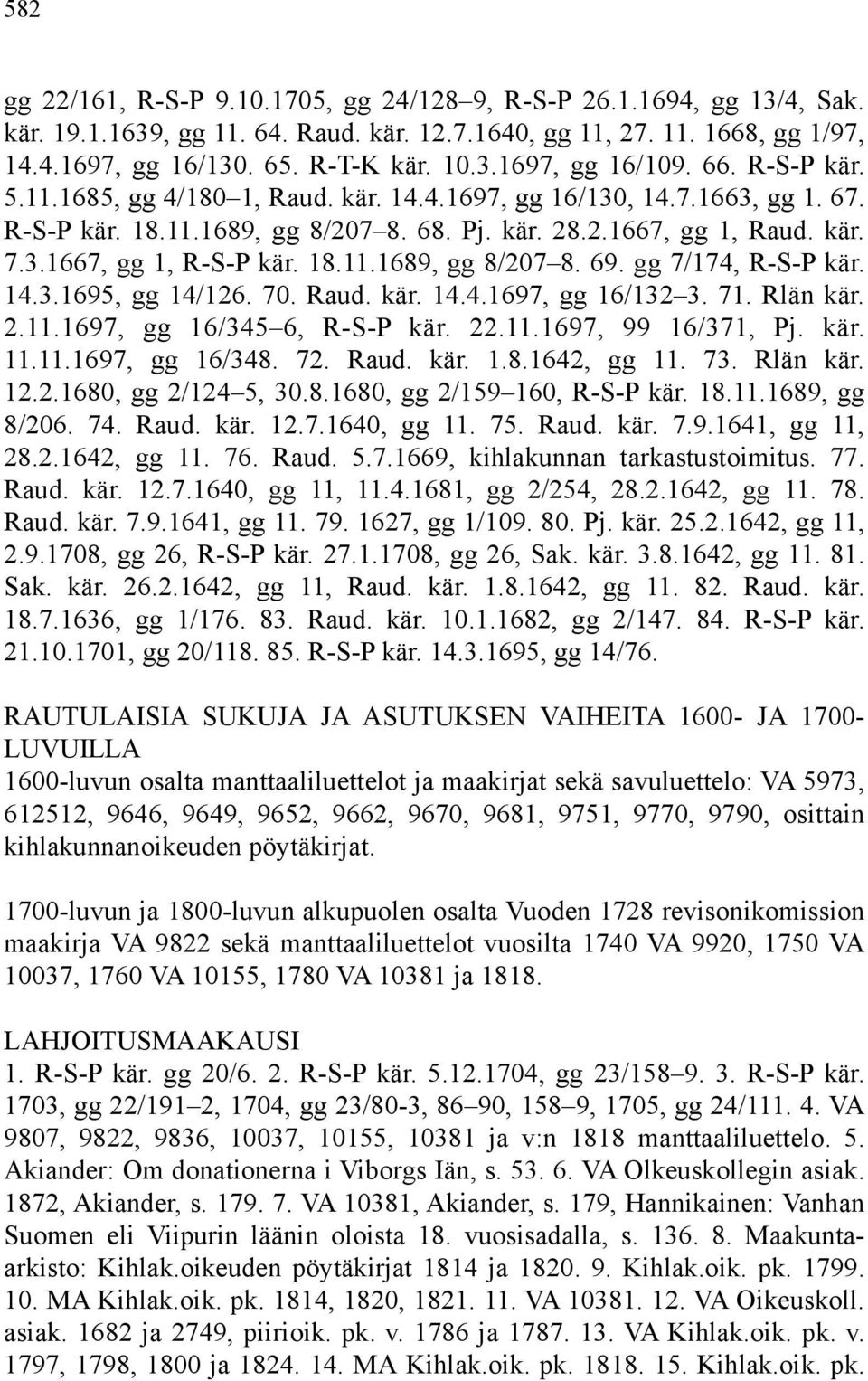 gg 7/174, R-S-P kär. 14.3.1695, gg 14/126. 70. Raud. kär. 14.4.1697, gg 16/132 3. 71. Rlän kär. 2.11.1697, gg 16/345 6, R-S-P kär. 22.11.1697, 99 16/371, Pj. kär. 11.11.1697, gg 16/348. 72. Raud. kär. 1.8.1642, gg 11.