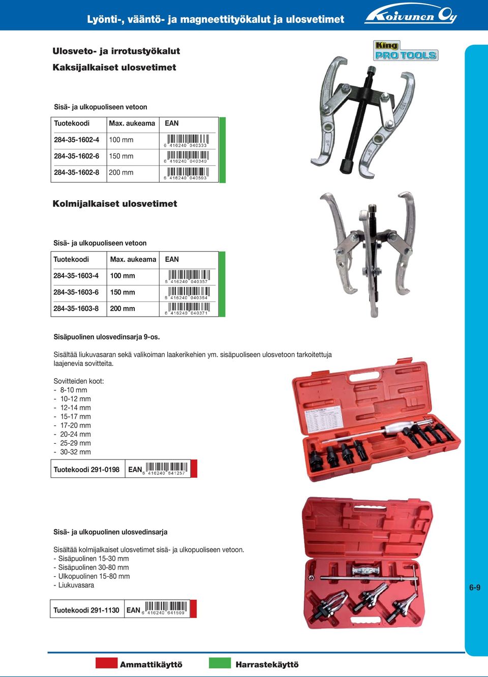 aukeama 284-35-1603-4 100 mm 284-35-1603-6 150 mm 284-35-1603-8 200 mm Sisäpuolinen ulosvedinsarja 9-os. Sisältää liukuvasaran sekä valikoiman laakerikehien ym.