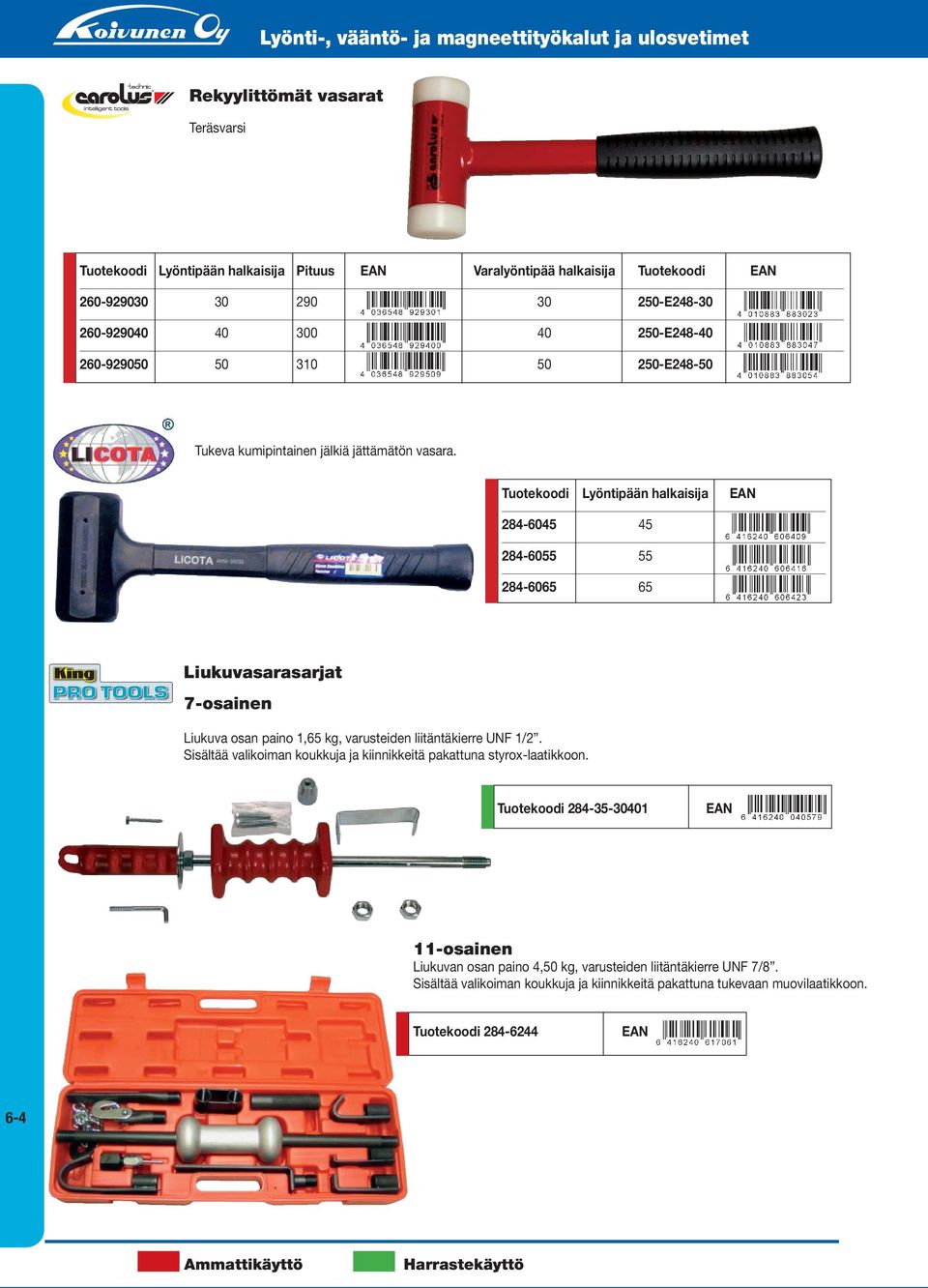 Tuotekoodi Lyöntipään halkaisija 284-6045 45 284-6055 55 284-6065 65 Liukuvasarasarjat 7-osainen Liukuva osan paino 1,65 kg, varusteiden liitäntäkierre UNF 1/2.