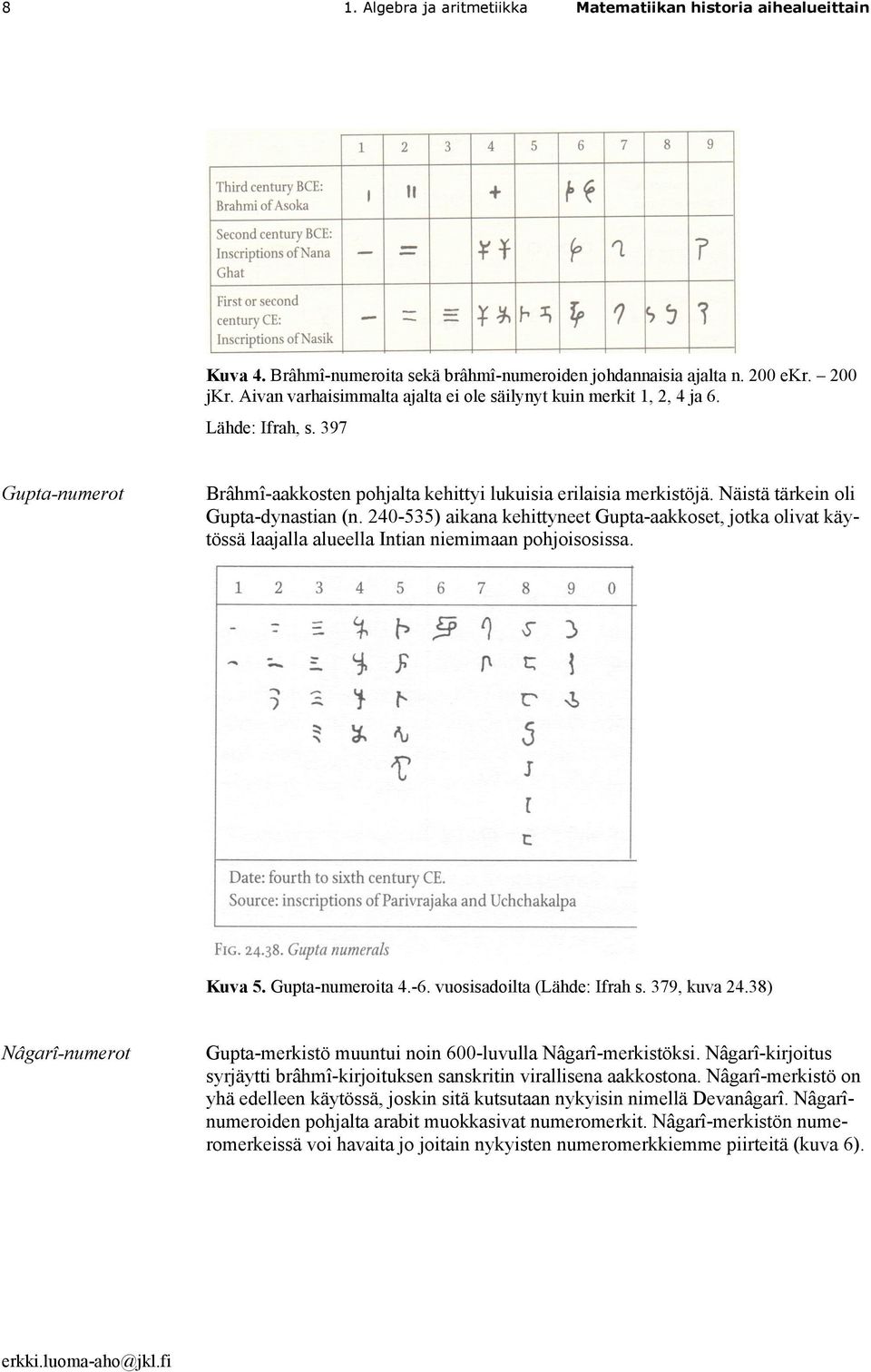 Näistä tärkein oli Gupta-dynastian (n. 240-535) aikana kehittyneet Gupta-aakkoset, jotka olivat käytössä laajalla alueella Intian niemimaan pohjoisosissa. Kuva 5. Gupta-numeroita 4.-6.