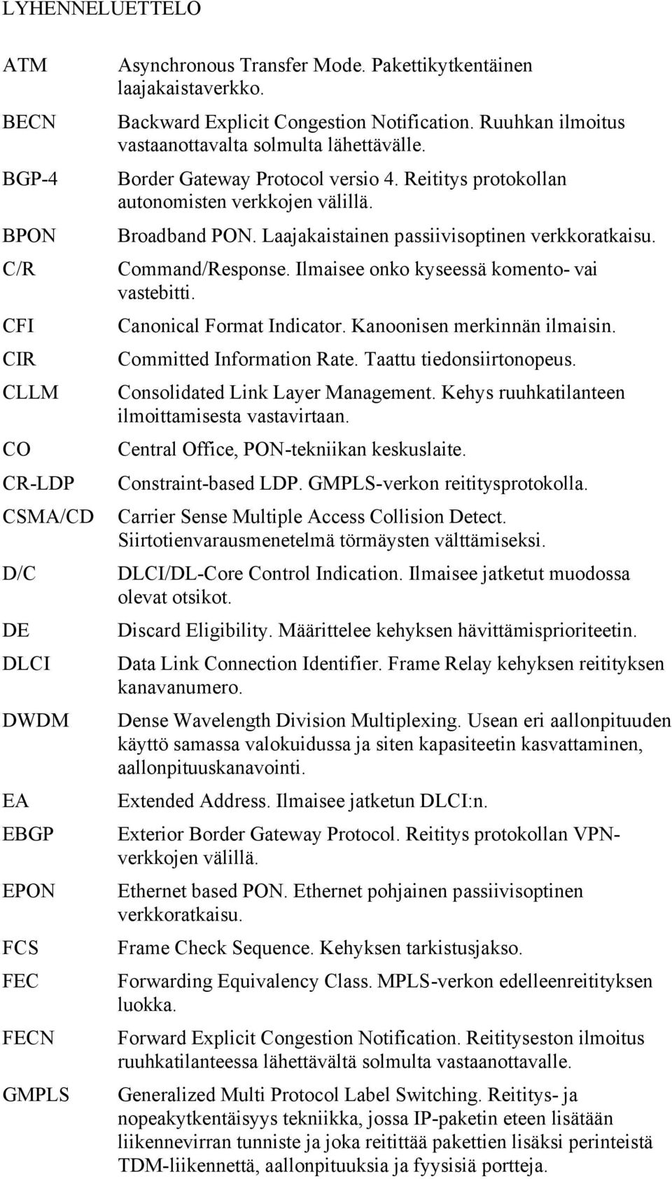 Broadband PON. Laajakaistainen passiivisoptinen verkkoratkaisu. Command/Response. Ilmaisee onko kyseessä komento- vai vastebitti. Canonical Format Indicator. Kanoonisen merkinnän ilmaisin.