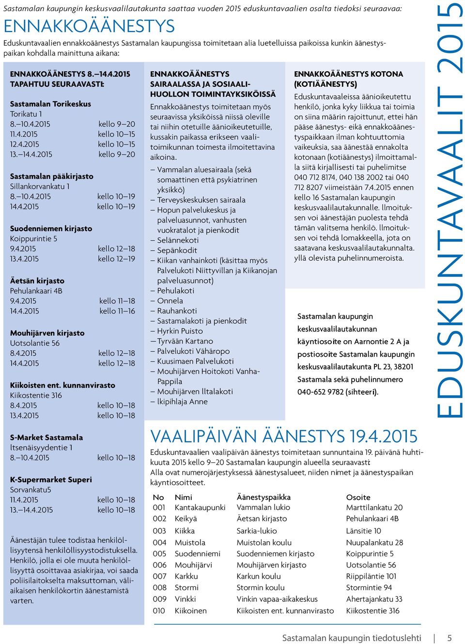 4.2015 kello 10 15 13. 14.4.2015 kello 9 20 Sastamalan pääkirjasto Sillankorvankatu 1 8. 10.4.2015 kello 10 19 14.4.2015 kello 10 19 Suodenniemen kirjasto Koippurintie 5 9.4.2015 kello 12 18 13.4.2015 kello 12 19 Äetsän kirjasto Pehulankaari 4B 9.