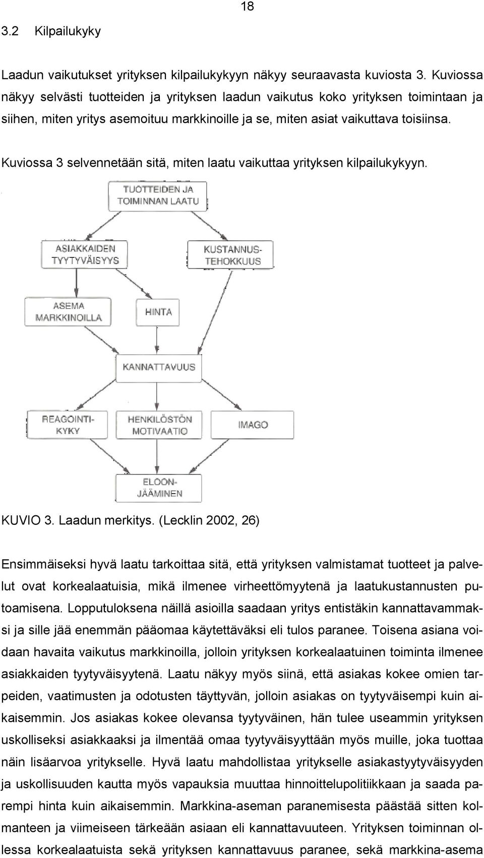 Kuviossa 3 selvennetään sitä, miten laatu vaikuttaa yrityksen kilpailukykyyn. KUVIO 3. Laadun merkitys.