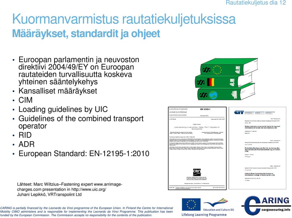 guidelines by UIC Guidelines of the combined transport operator RID ADR European Standard: EN-12195-1:2010