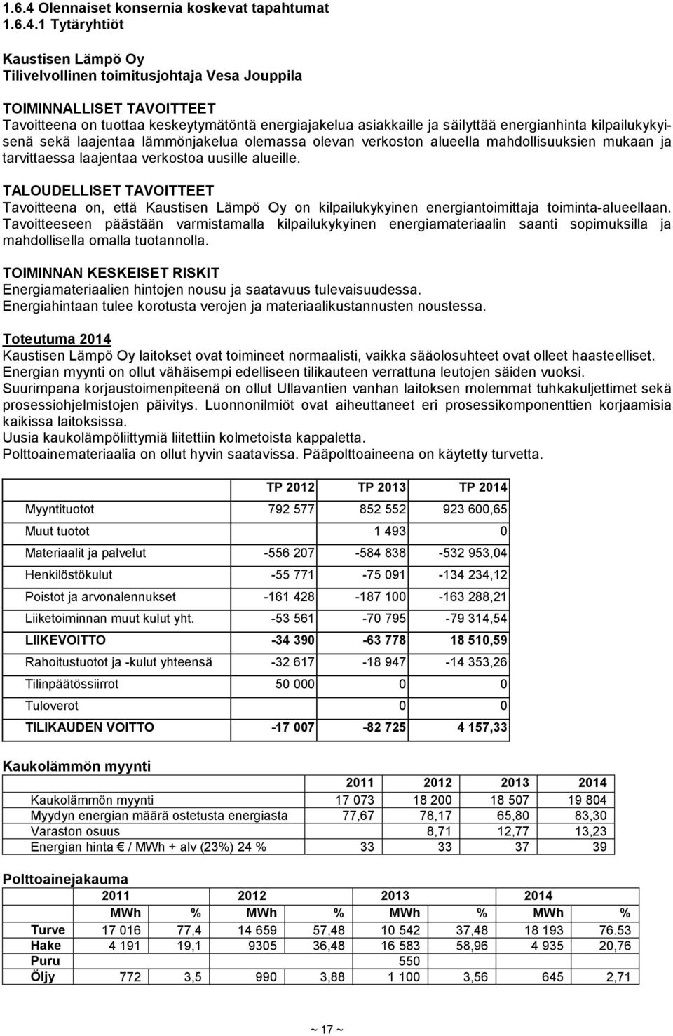 1 Tytäryhtiöt Kaustisen Lämpö Oy Tilivelvollinen toimitusjohtaja Vesa Jouppila TOIMINNALLISET TAVOITTEET Tavoitteena on tuottaa keskeytymätöntä energiajakelua asiakkaille ja säilyttää energianhinta