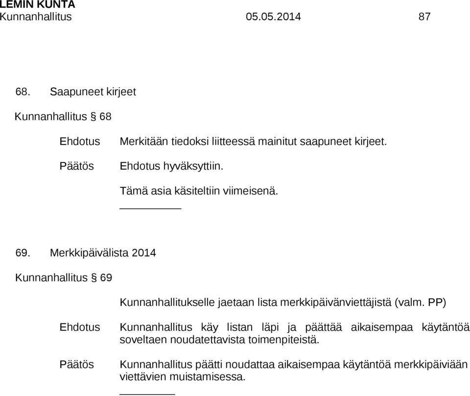 Tämä asia käsiteltiin viimeisenä. _ 69.