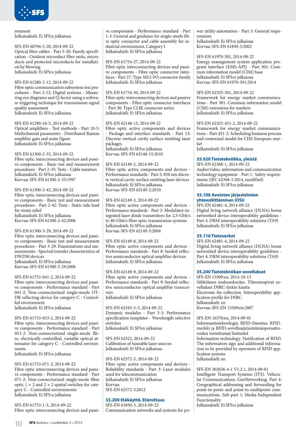 signal quality assessment SFS-EN 61290-10-5, 2014-09-22 Optical amplifiers - Test methods - Part 10-5: Multichannel parameters - Distributed Raman amplifier gain and noise figure SFS-EN 61300-2-35,