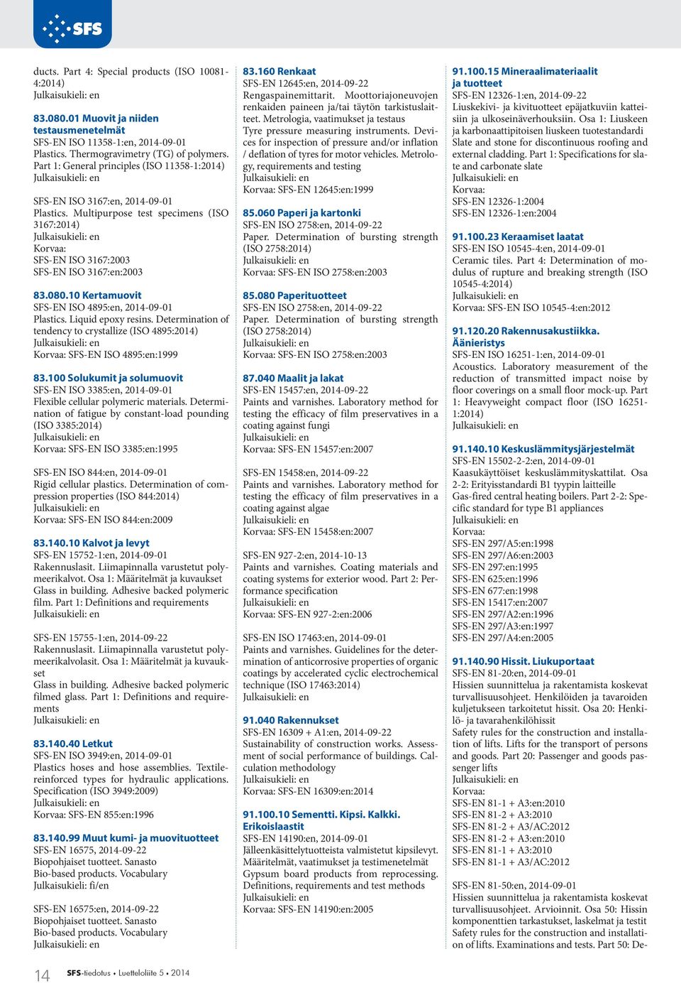 10 Kertamuovit SFS-EN ISO 4895:en, 2014-09-01 Plastics. Liquid epoxy resins. Determination of tendency to crystallize (ISO 4895:2014) SFS-EN ISO 4895:en:1999 83.