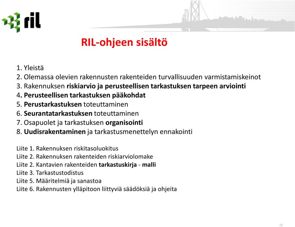 Seurantatarkastuksen toteuttaminen 7. Osapuolet ja tarkastuksen organisointi 8. Uudisrakentaminen ja tarkastusmenettelyn ennakointi Liite 1.