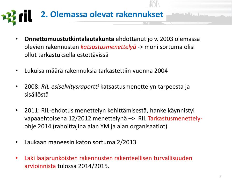 2004 2008: RIL-esiselvitysraportti katsastusmenettelyn tarpeesta ja sisällöstä 2011: RIL-ehdotus menettelyn kehittämisestä, hanke käynnistyi vapaaehtoisena