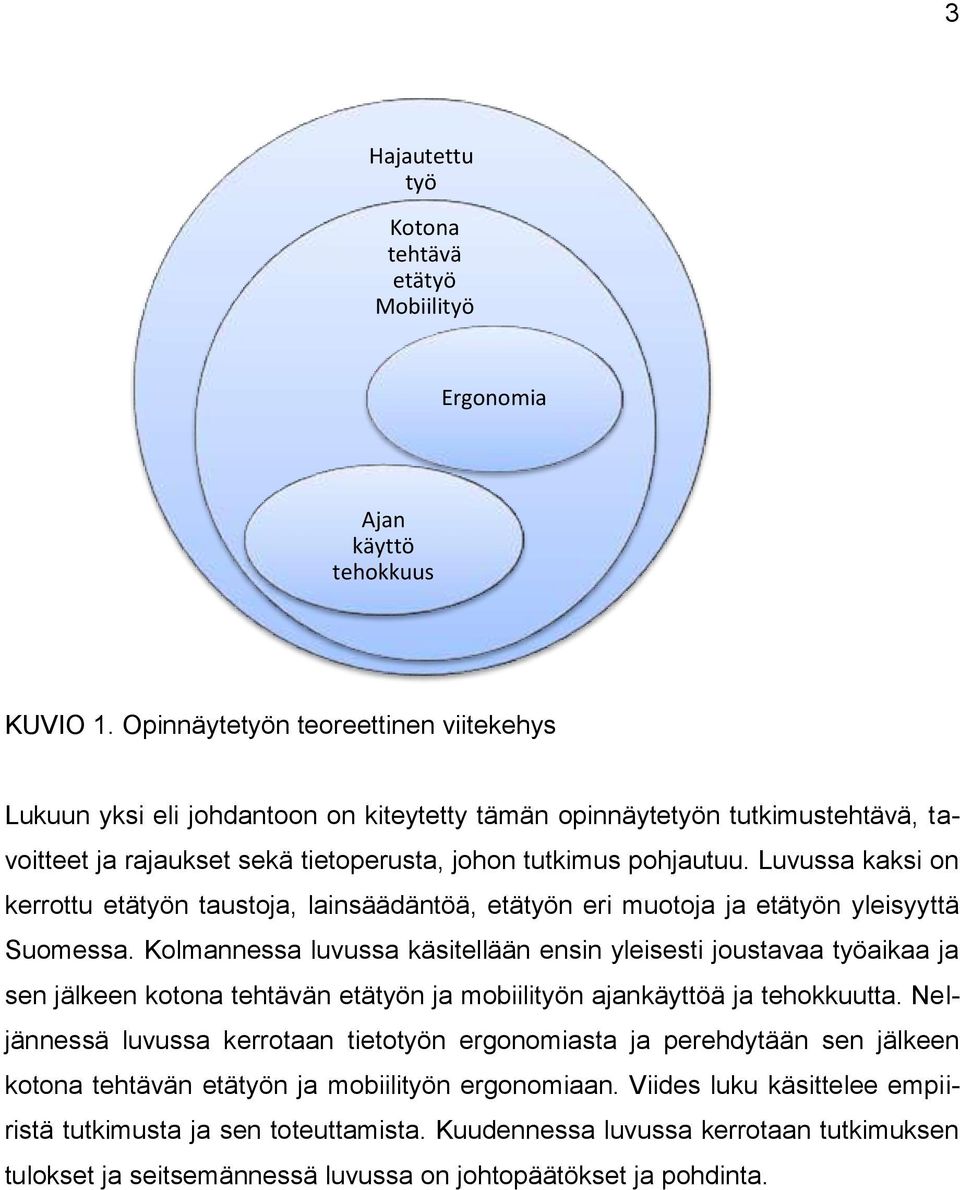 Luvussa kaksi on kerrottu etätyön taustoja, lainsäädäntöä, etätyön eri muotoja ja etätyön yleisyyttä Suomessa.