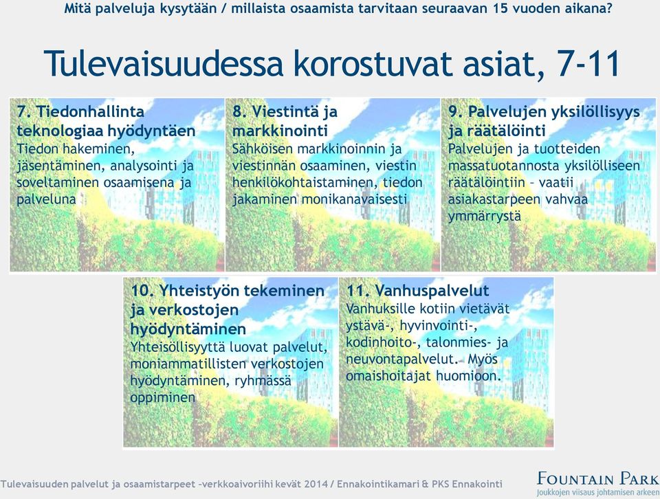 Viestintä ja markkinointi Sähköisen markkinoinnin ja viestinnän osaaminen, viestin henkilökohtaistaminen, tiedon jakaminen monikanavaisesti 9.