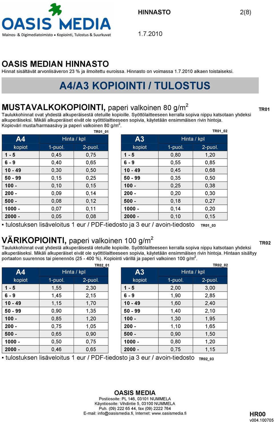 Syöttölaitteeseen kerralla sopiva nippu katsotaan yhdeksi alkuperäiseksi. Mikäli alkuperäiset eivät ole syöttölaitteeseen sopivia, käytetään ensimmäisen rivin hintoja.