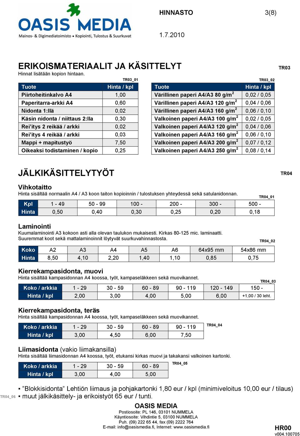 Värillinen paperi A4/A3 160 g/m 2 0,06 / 0,10 Käsin nidonta / niittaus 2:lla 0,30 Valkoinen paperi A4/A3 100 g/m 2 0,02 / 0,05 Rei itys 2 reikää / arkki 0,02 Valkoinen paperi A4/A3 120 g/m 2 0,04 /