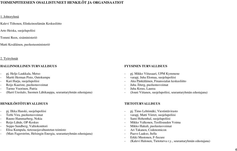 Heljo Laukkala, Metso - Martti Herman Pisto, Outokumpu - Kari Harju, suojelupoliisi - Reijo Kaariste, puolustusvoimat - Tarmo Vuorinen, Patria - (Harri Uusitalo, Suomen Lähikauppa, seurantaryhmän