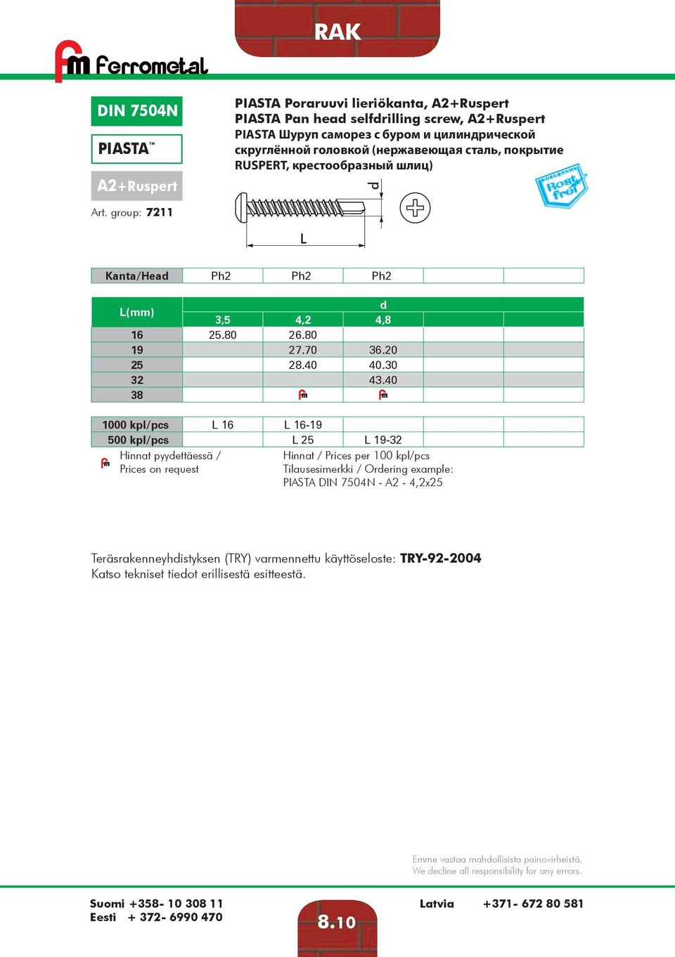 покрытие RUSPERT, крестообразный шлиц) Kanta/Hea Ph2 Ph2 Ph2 (mm) 3,5 4,2 4,8 16 25.80 26.80 19 27.70 36.20 25 28.40 40.30 32 43.