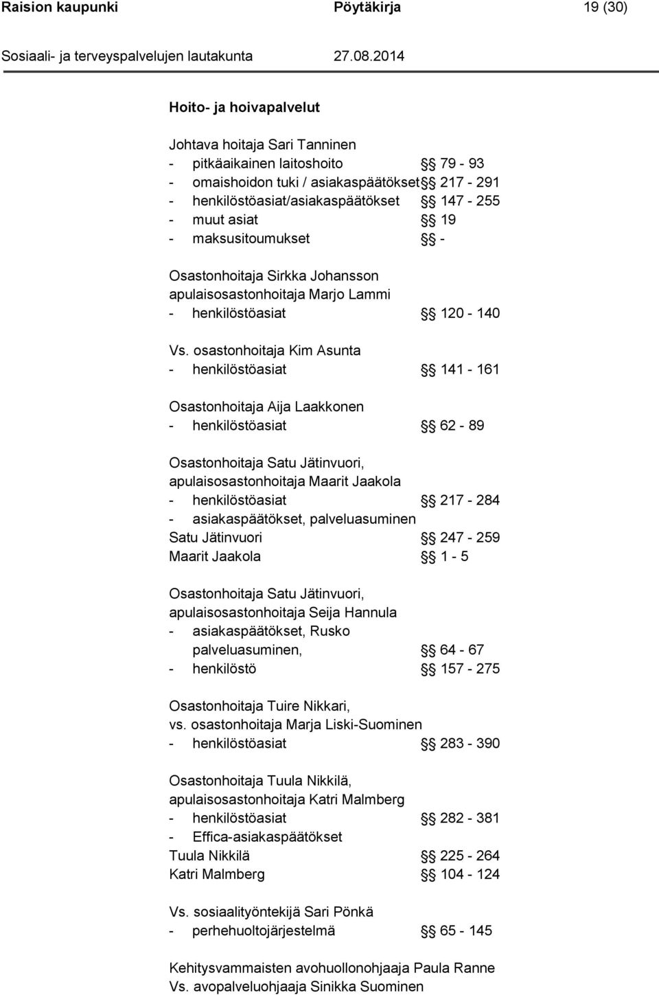 osastonhoitaja Kim Asunta - henkilöstöasiat 141-161 Osastonhoitaja Aija Laakkonen - henkilöstöasiat 62-89 Osastonhoitaja Satu Jätinvuori, apulaisosastonhoitaja Maarit Jaakola - henkilöstöasiat