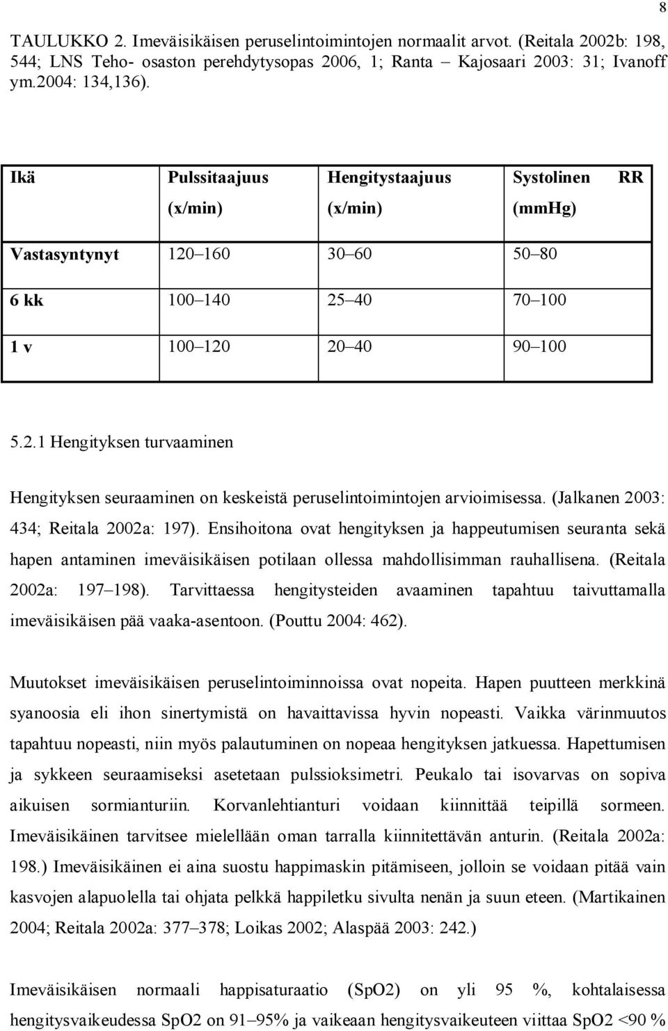 (Jalkanen 2003: 434; Reitala 2002a: 197). Ensihoitona ovat hengityksen ja happeutumisen seuranta sekä hapen antaminen imeväisikäisen potilaan ollessa mahdollisimman rauhallisena.