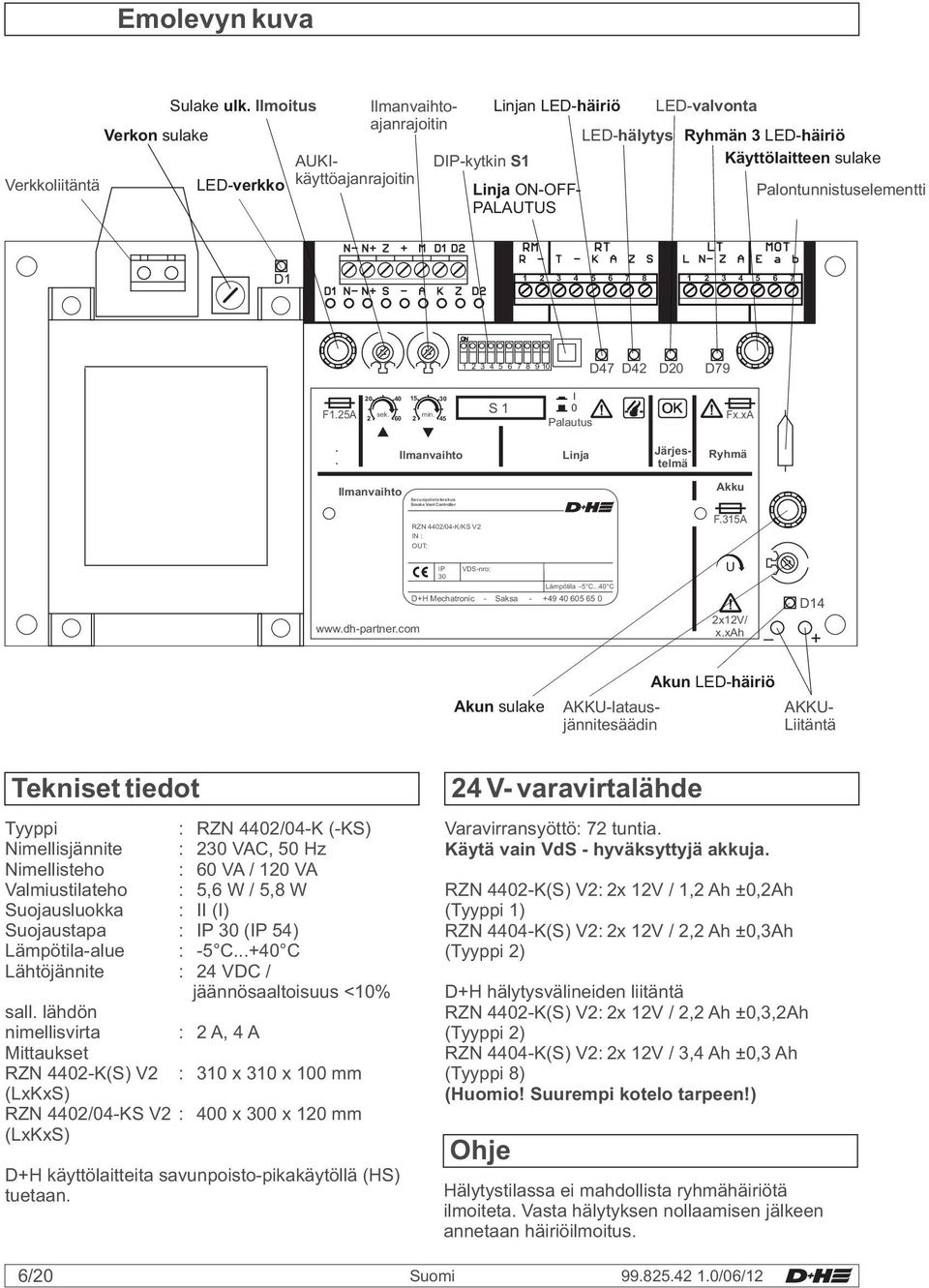 15 30 F1.25A sek. min. 2 60 2 45 S1 I 0 Palautus Fx.xA.. Ilmanvaihto Järjestelmä Ryhmä Ilmanvaihto Savunpoistokeskus Smoke Vent Controller Akku RZN 4402/04-K/KS V2 IN : OUT: F.