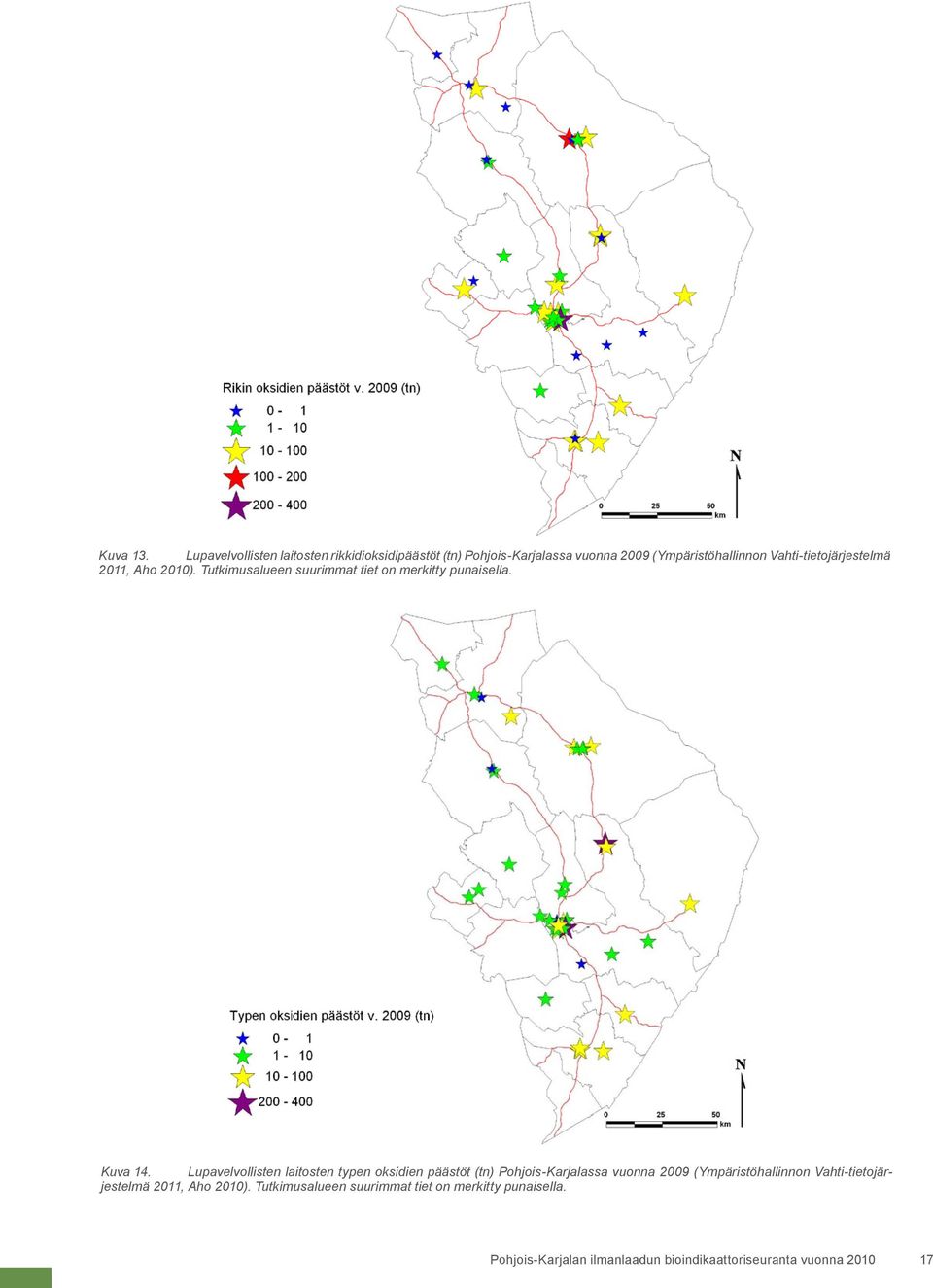 Vahti-tietojärjestelmä 2011, Aho 2010). Tutkimusalueen suurimmat tiet on merkitty punaisella. Kuva 14.