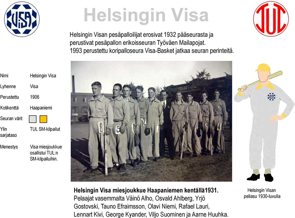 Helsingin Visa Visa Perustettu 1906 Haapaniemi TUL SM-kilpailut Visa miesjoukkue osallistui TUL:n SM-kilpailuihin.