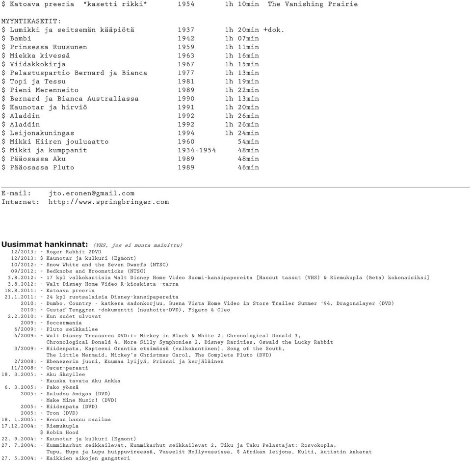 Pieni Merenneito 1989 1h 22min $ Bernard ja Bianca Australiassa 1990 1h 13min $ Kaunotar ja hirviö 1991 1h 20min $ Aladdin 1992 1h 26min $ Aladdin 1992 1h 26min $ Leijonakuningas 1994 1h 24min $