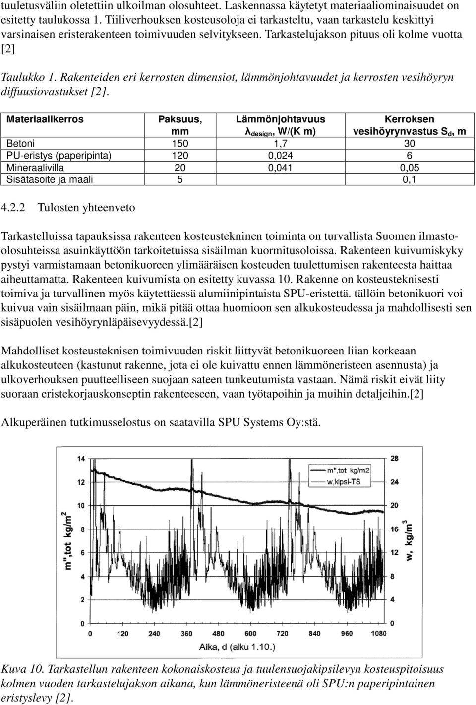 Rakenteiden eri kerrosten dimensiot, lämmönjohtavuudet ja kerrosten vesihöyryn diffuusiovastukset [2].