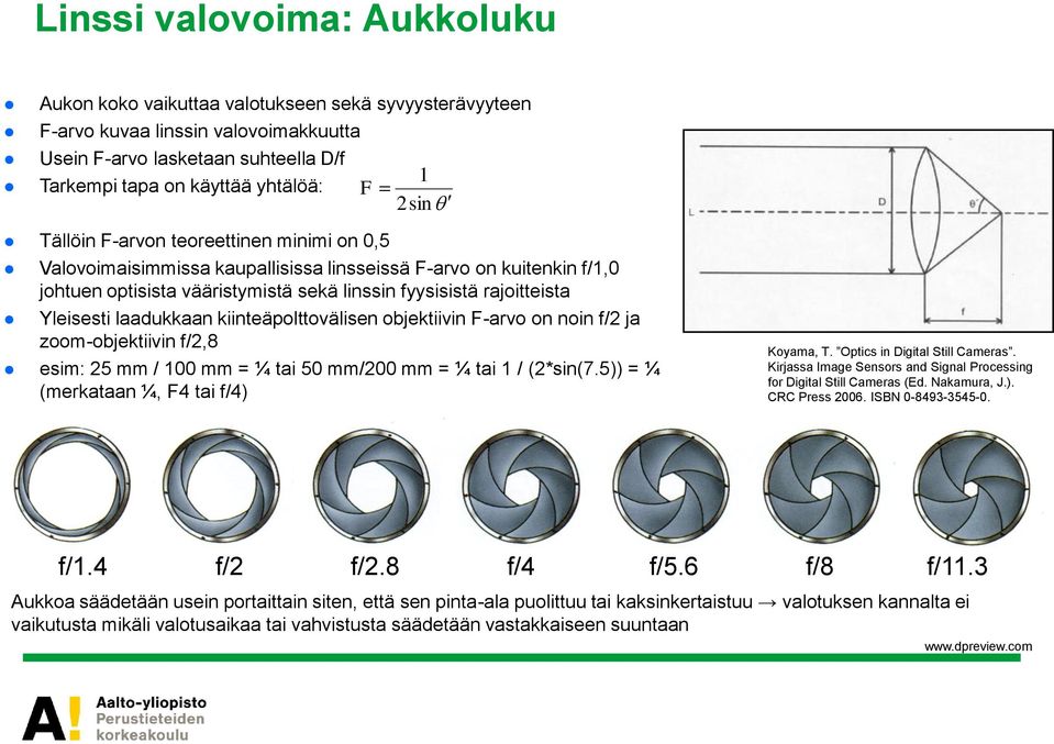 laadukkaan kiinteäpolttovälisen objektiivin F-arvo on noin f/2 ja zoom-objektiivin f/2,8 esim: 25 mm / 100 mm = ¼ tai 50 mm/200 mm = ¼ tai 1 / (2*sin(7.5)) = ¼ (merkataan ¼, F4 tai f/4) Koyama, T.