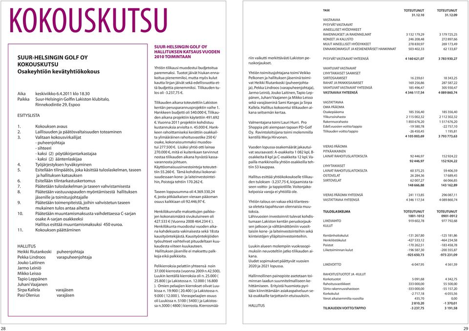 Työjärjestyksen hyväksyminen 5. Esitellään tilinpäätös, joka käsittää tuloslaskelman, taseen ja hallituksen katsauksen 6. Esitellään tilintarkastuskertomus 7.