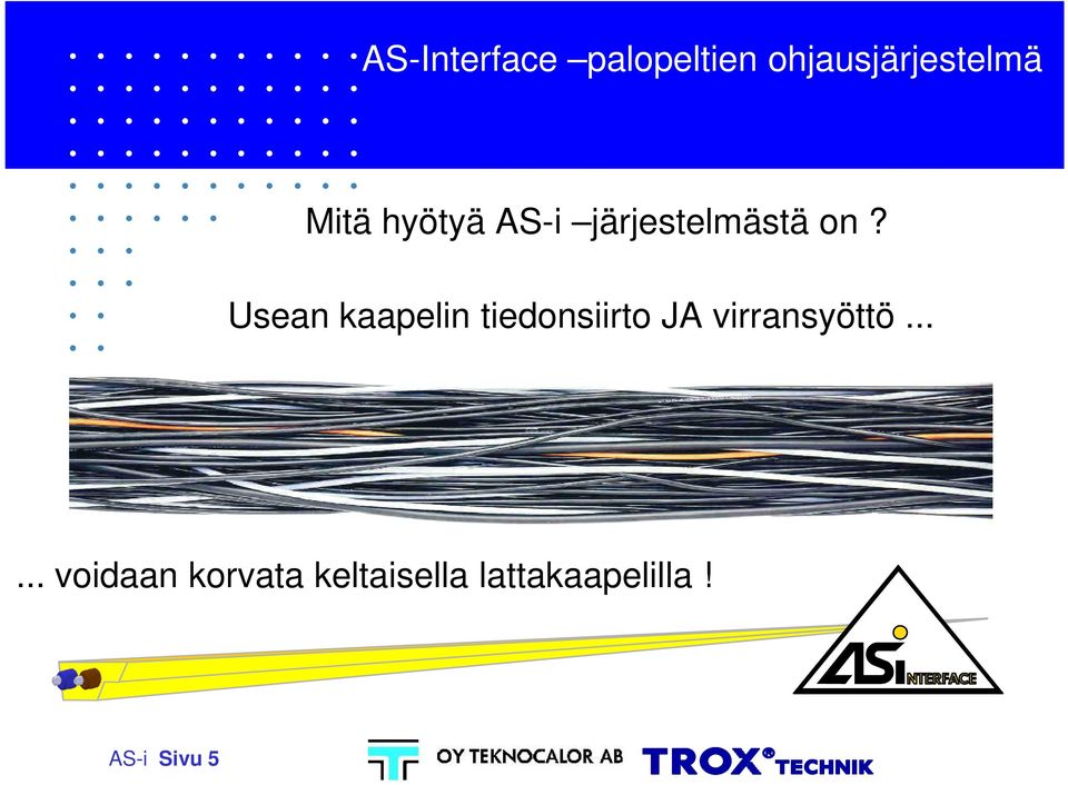 Usean kaapelin tiedonsiirto JA virransyöttö.