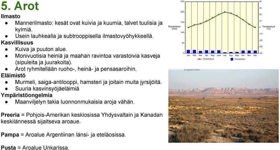 Arot ryhmitellään ruoho-, heinä- ja pensasaroihin. Eläimistö Murmeli, saiga-antilooppi, hamsteri ja joitain muita jyrsijöitä.