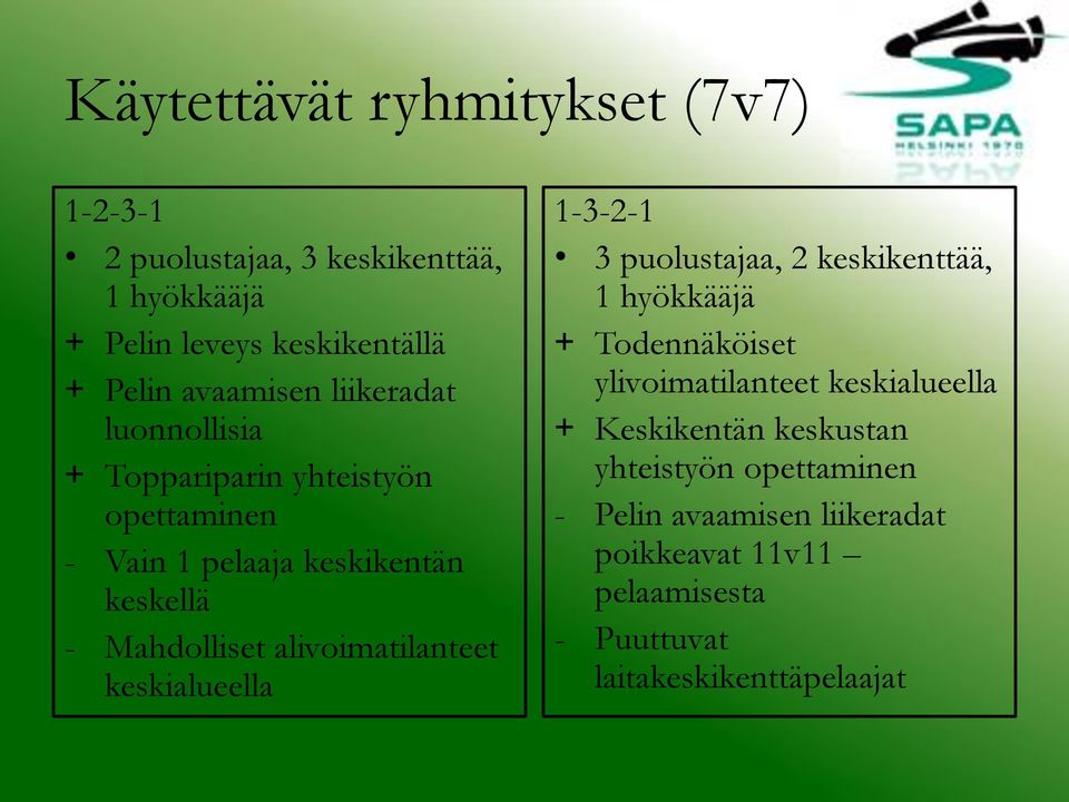 alivoimatilanteet keskialueella 1-3-2-1 3 puolustajaa, 2 keskikenttää, 1 hyökkääjä + Todennäköiset ylivoimatilanteet