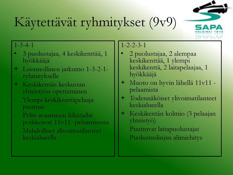 keskialueella 1-2-2-3-1 2 puolustajaa, 2 alempaa keskikenttää, 1 ylempi keskikenttä, 2 laitapelaajaa, 1 hyökkääjä + Muoto on hyvin lähellä 11v11 -