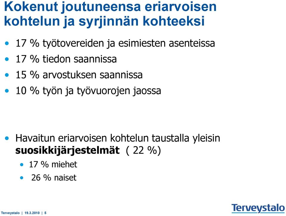 saannissa 10 % työn ja työvuorojen jaossa Havaitun eriarvoisen kohtelun