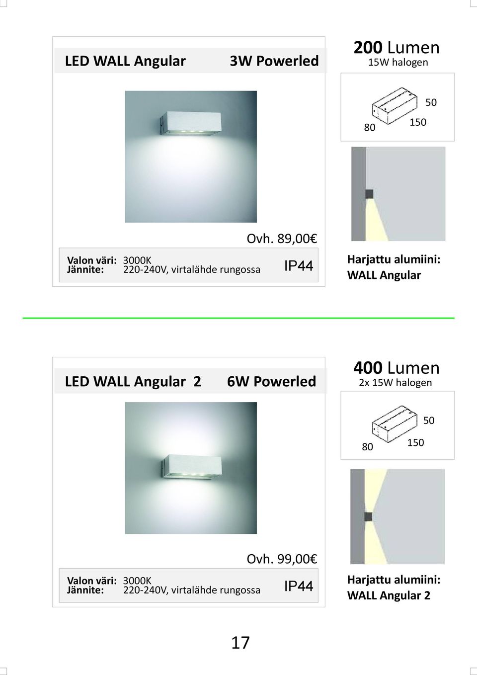 Harjattu alumiini: WALL Angular 400 Lumen 2x 15W halogen 50 80 150 Ovh.