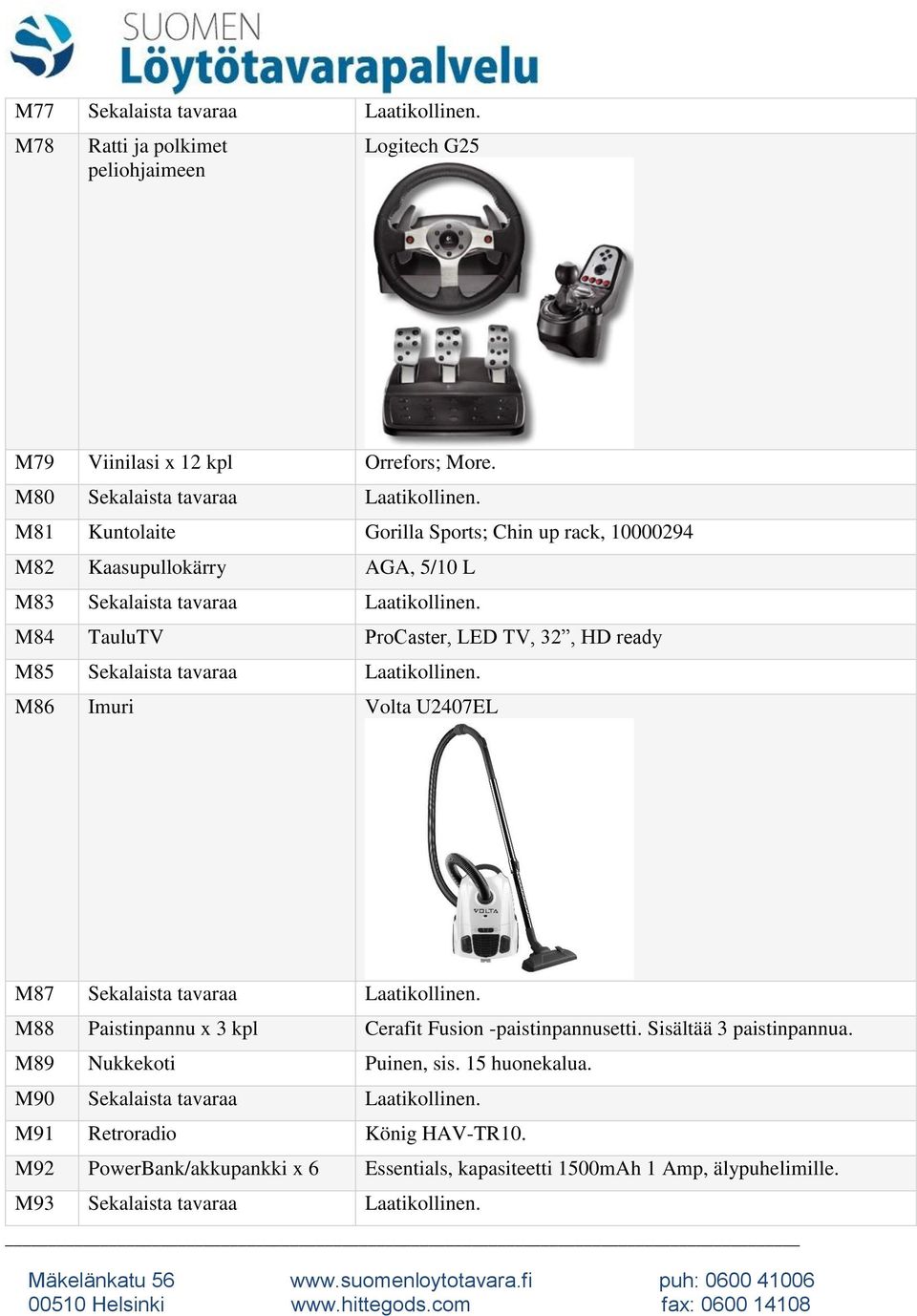 M84 TauluTV ProCaster, LED TV, 32, HD ready M85 Sekalaista tavaraa Laatikollinen. M86 Imuri Volta U2407EL M87 Sekalaista tavaraa Laatikollinen.