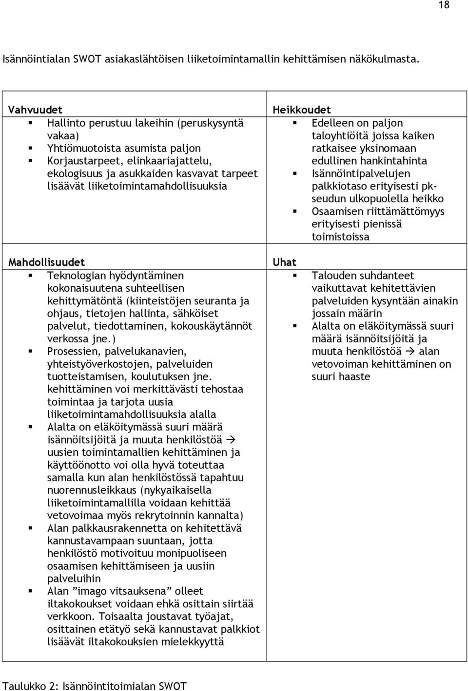 liiketoimintamahdollisuuksia Mahdollisuudet Teknologian hyödyntäminen kokonaisuutena suhteellisen kehittymätöntä (kiinteistöjen seuranta ja ohjaus, tietojen hallinta, sähköiset palvelut,