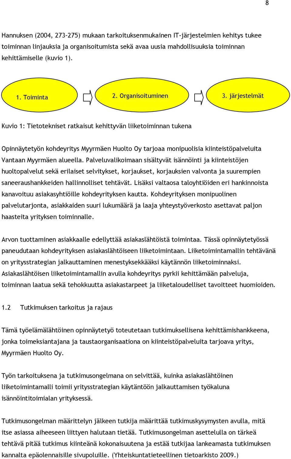 järjestelmät Kuvio 1: Tietotekniset ratkaisut kehittyvän liiketoiminnan tukena Opinnäytetyön kohdeyritys Myyrmäen Huolto Oy tarjoaa monipuolisia kiinteistöpalveluita Vantaan Myyrmäen alueella.