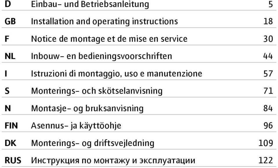 manutenzione 57 S Monterings- och skötselanvisning 71 N Montasje- og bruksanvisning 84 FIN Asennus-