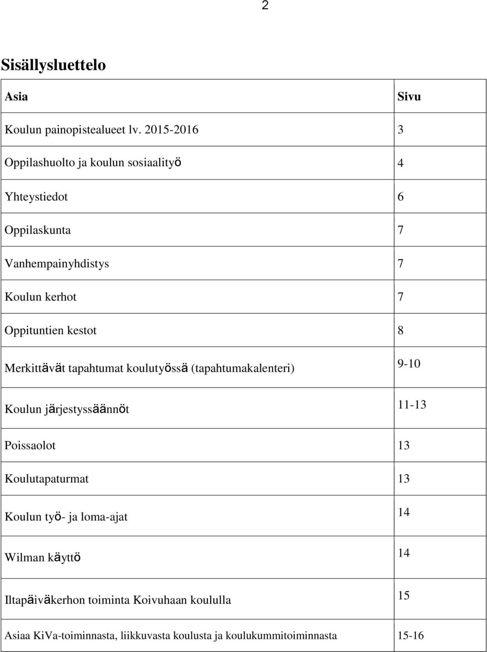 Oppituntien kestot 8 Merkittävät tapahtumat koulutyössä (tapahtumakalenteri) 9-10 Koulun järjestyssäännöt 11-13