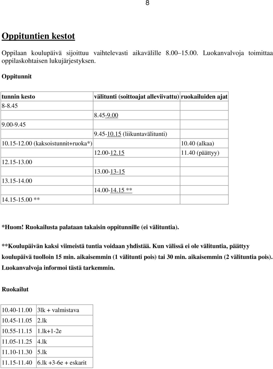 40 (päättyy) 12.15-13.00 13.00-13-15 13.15-14.00 14.00-14.15 ** 14.15-15.00 ** *Huom! Ruokailusta palataan takaisin oppitunnille (ei välituntia). **Koulupäivän kaksi viimeistä tuntia voidaan yhdistää.